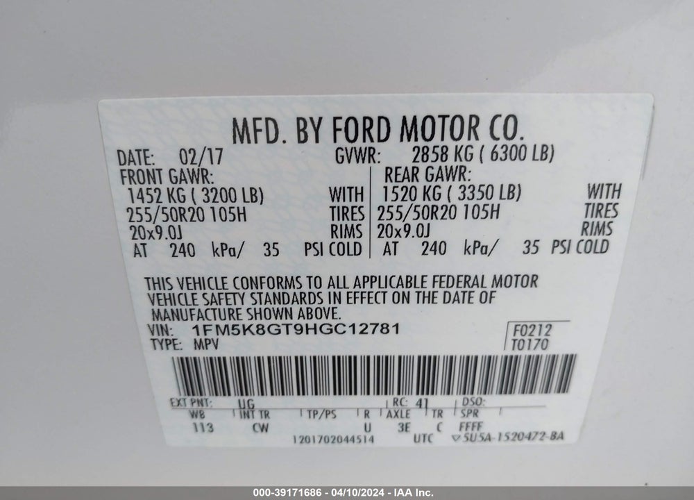 2017 FORD EXPLORER SPORT VIN: 1FM5K8GT9HGC12781