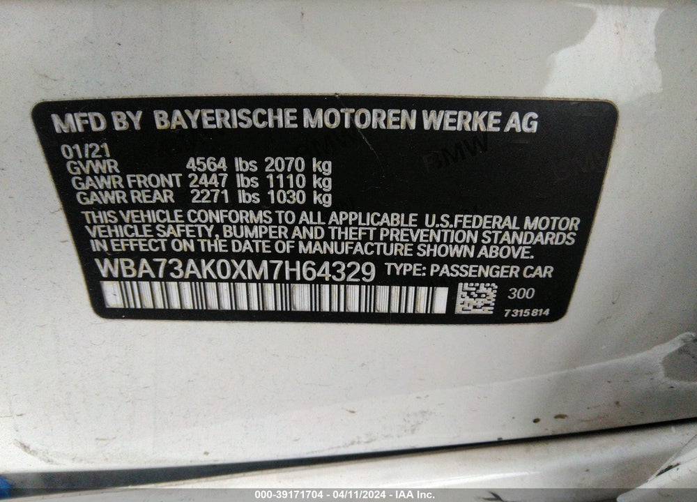 2021 BMW 228I GRAN COUPE XDRIVE VIN: WBA73AK0XM7H64329