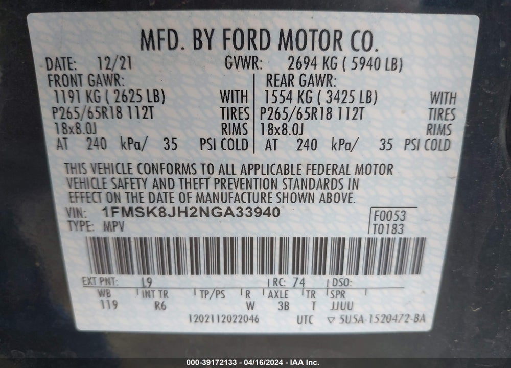 2022 FORD EXPLORER TIMBERLINE VIN: 1FMSK8JH2NGA33940
