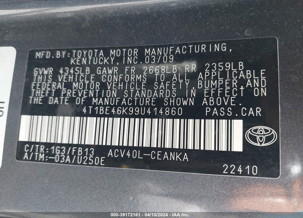 2009 TOYOTA CAMRY LE VIN: 4T1BE46K99U414860