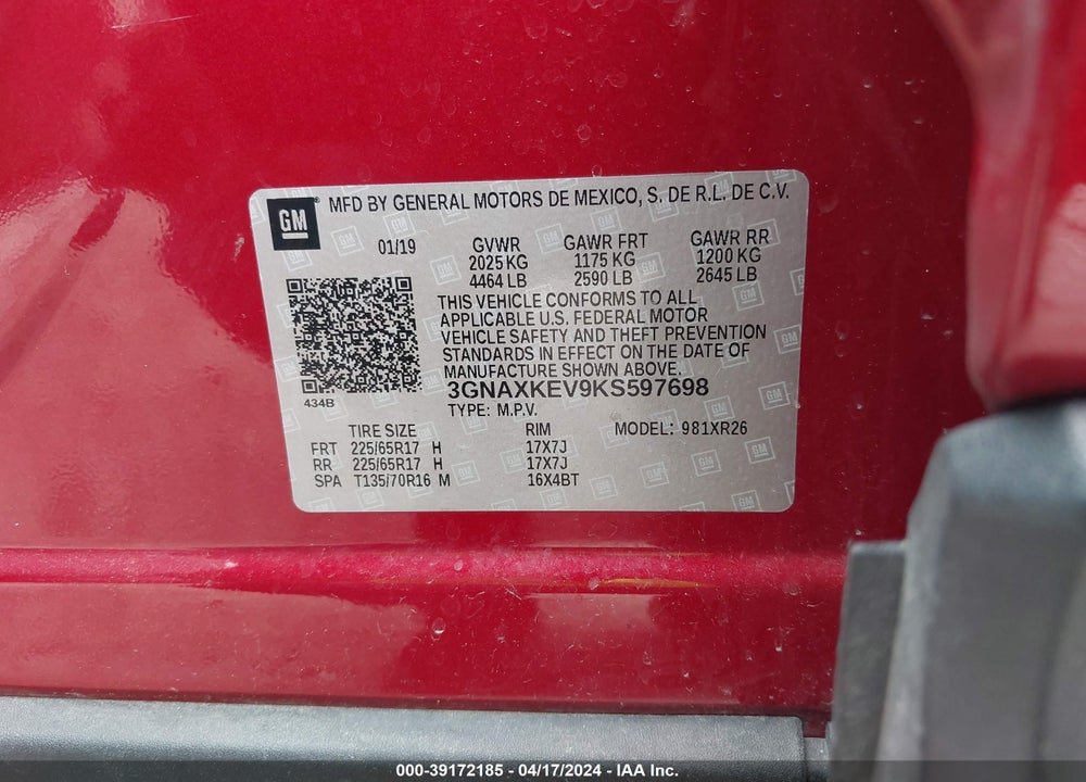 2019 CHEVROLET EQUINOX LT VIN: 3GNAXKEV9KS597698