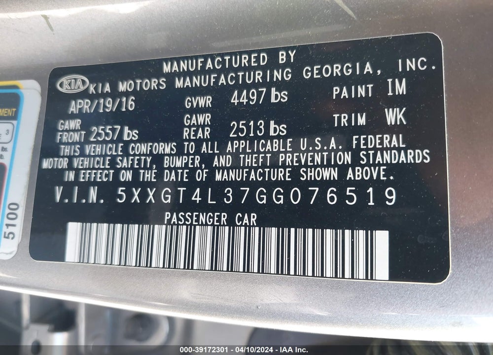 2016 KIA OPTIMA LX VIN: 5XXGT4L37GG076519