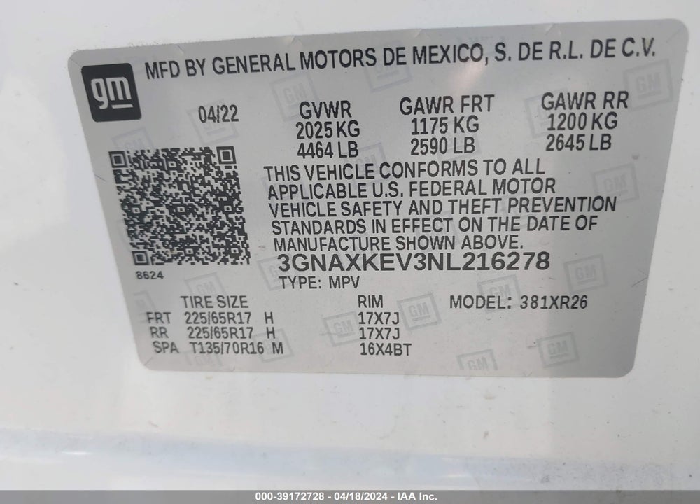 2022 CHEVROLET EQUINOX FWD LT VIN: 3GNAXKEV3NL216278