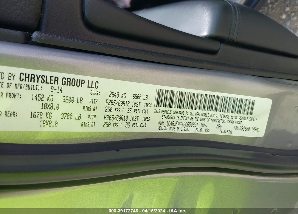 2015 JEEP GRAND CHEROKEE LAREDO VIN: 1C4RJFAG4FC650931