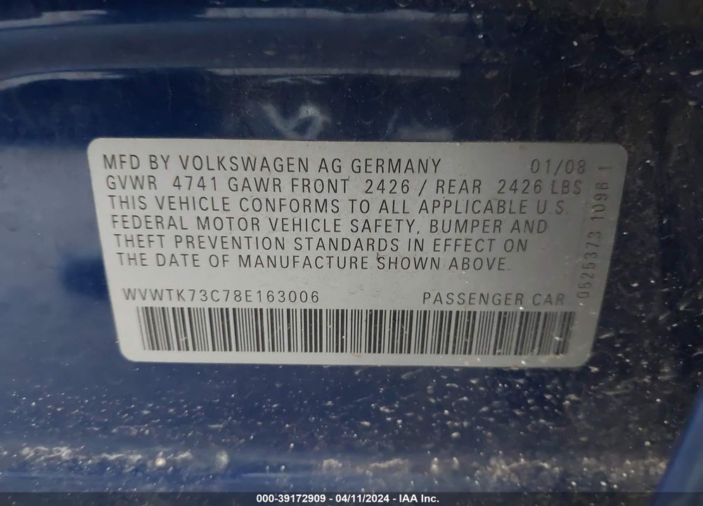 2008 VOLKSWAGEN PASSAT LUX VIN: WVWTK73C78E163006