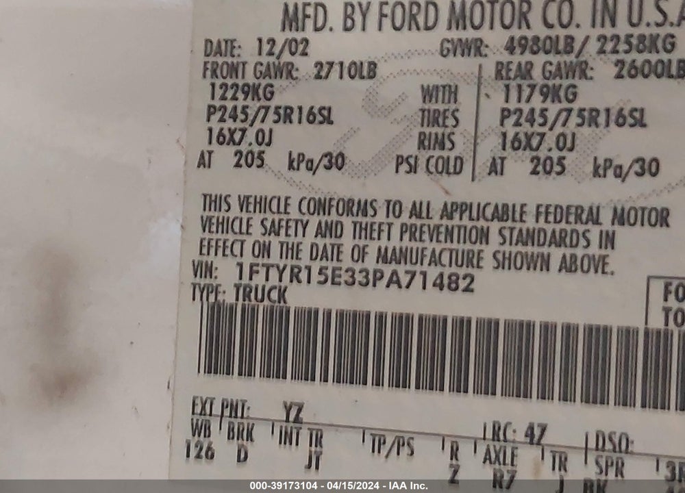 2003 RANGER FORD  XLT VIN: 1FTYR15E33PA71482