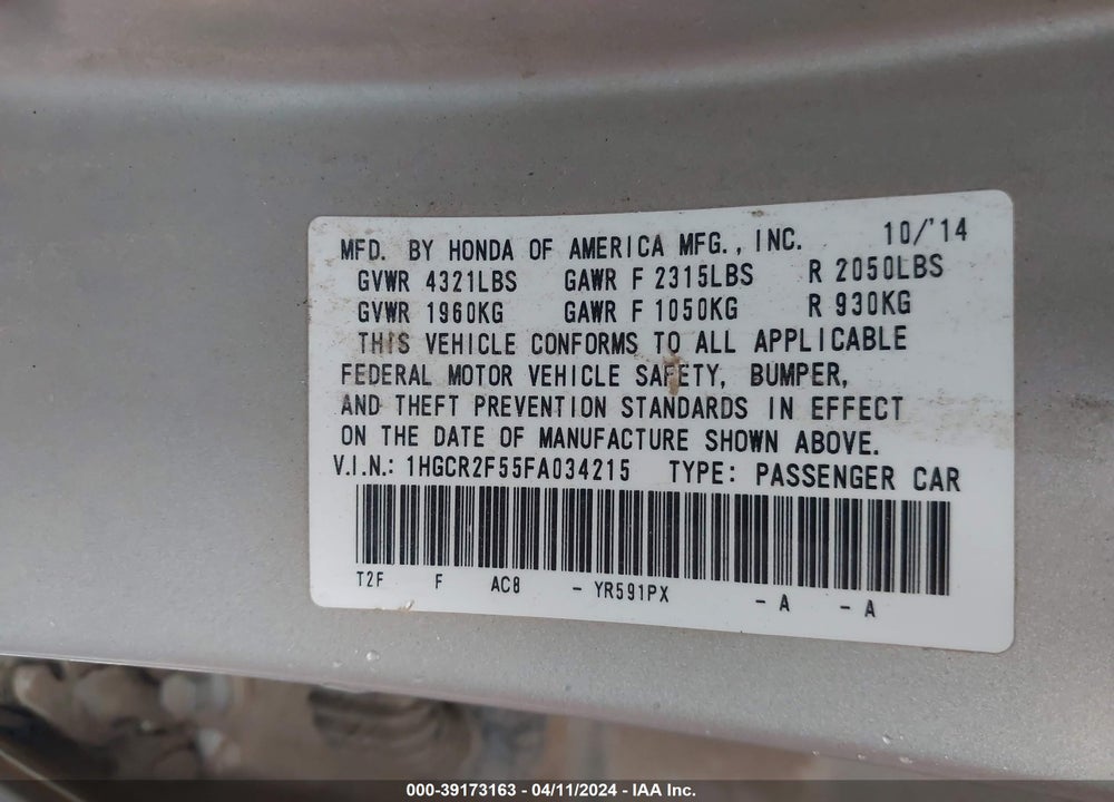 2015 HONDA ACCORD SPORT VIN: 1HGCR2F55FA034215