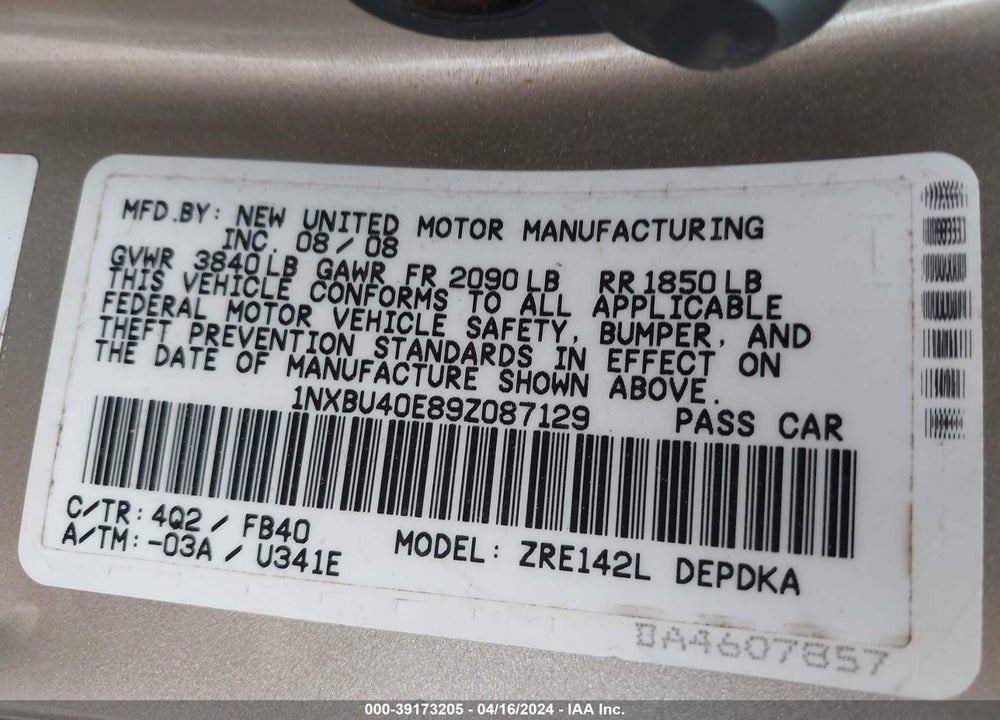 2009 TOYOTA COROLLA LE VIN: 1NXBU40E89Z087129