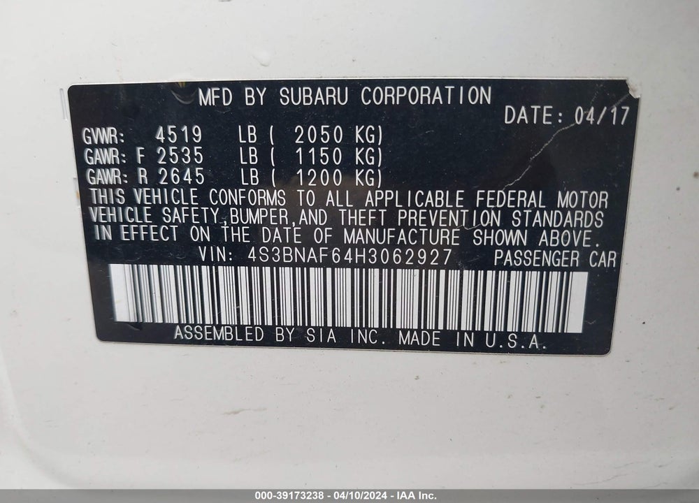 2017 SUBARU LEGACY 2.5I PREMIUM VIN: 4S3BNAF64H3062927