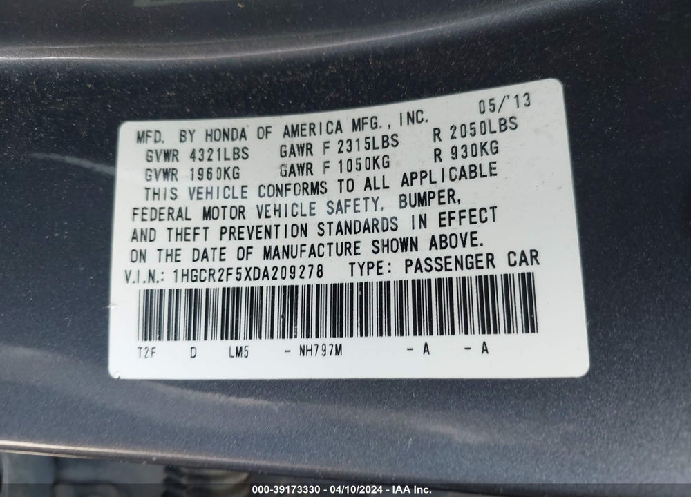 2013 HONDA ACCORD SPORT VIN: 1HGCR2F5XDA209278