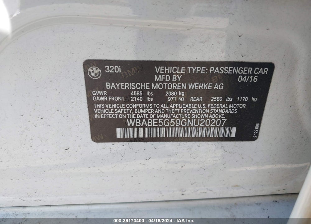 2016 BMW 320I XDRIVE VIN: WBA8E5G59GNU20207