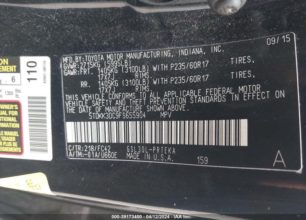 2015 TOYOTA SIENNA LE 8 PASSENGER VIN: 5TDKK3DC9FS655904