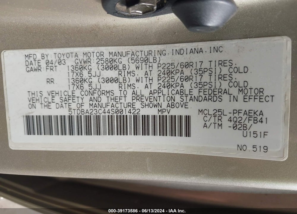 2004 TOYOTA SIENNA LE VIN: 5TDBA23C44S001422
