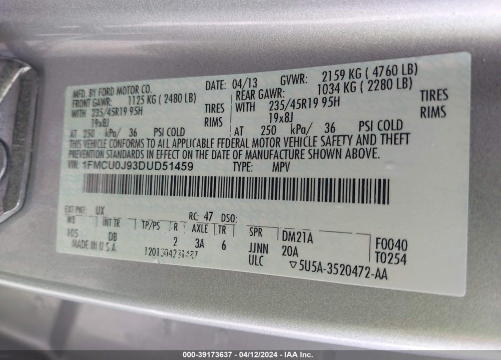 2013 FORD ESCAPE TITANIUM VIN: 1FMCU0J93DUD51459