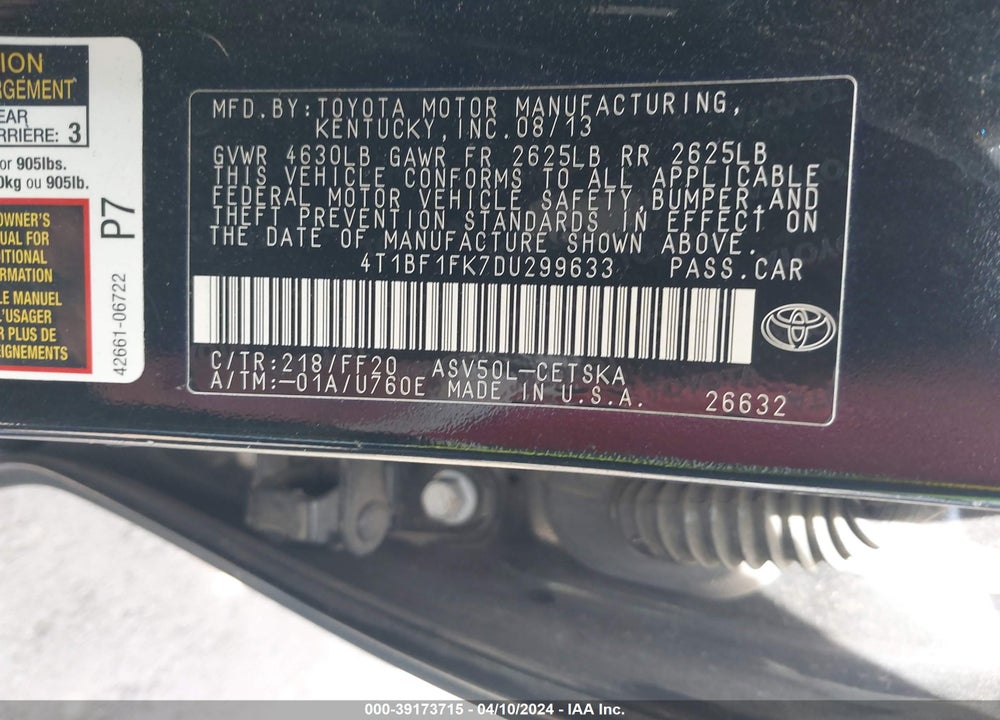 2013 TOYOTA CAMRY SE VIN: 4T1BF1FK7DU299633