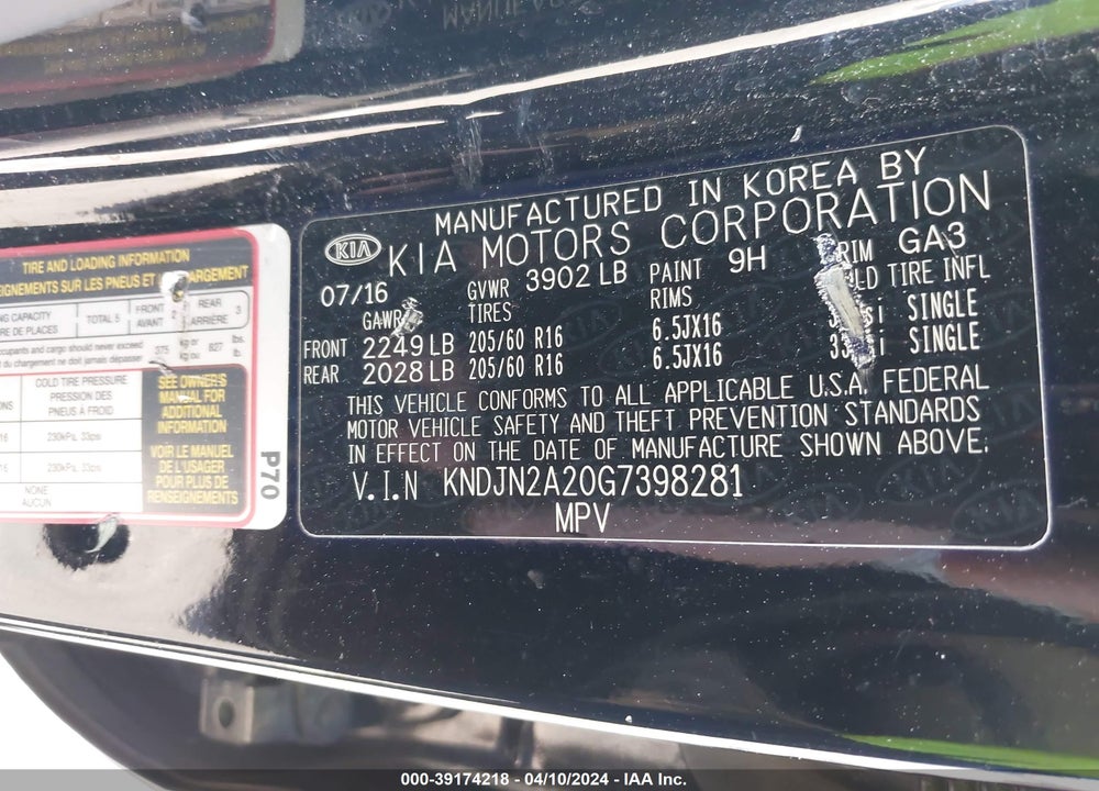 2016 KIA SOUL VIN: KNDJN2A20G7398281
