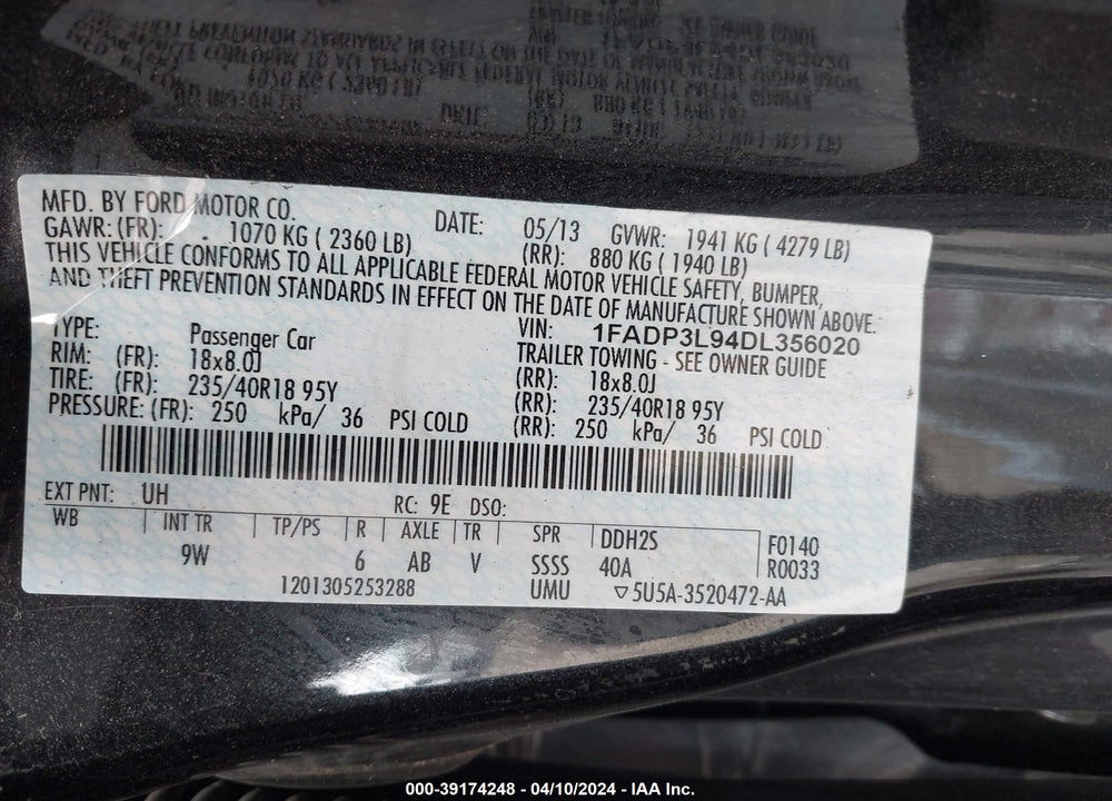 2013 FORD FOCUS ST VIN: 1FADP3L94DL356020