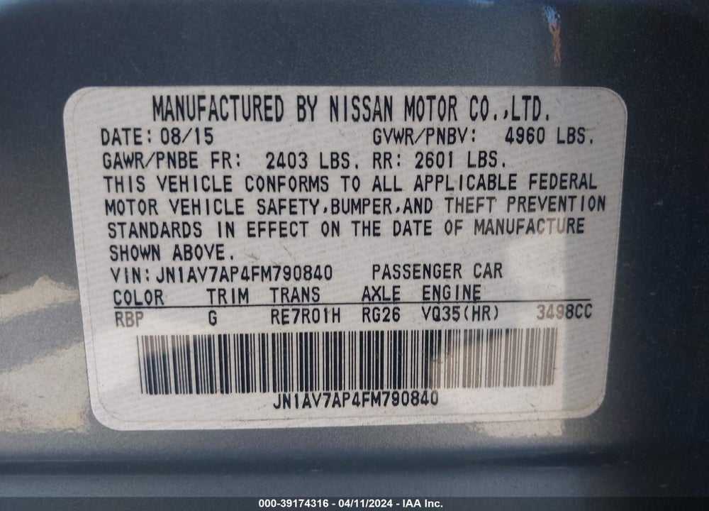 2015 INFINITI Q50 HYBRID PREMIUM VIN: JN1AV7AP4FM790840