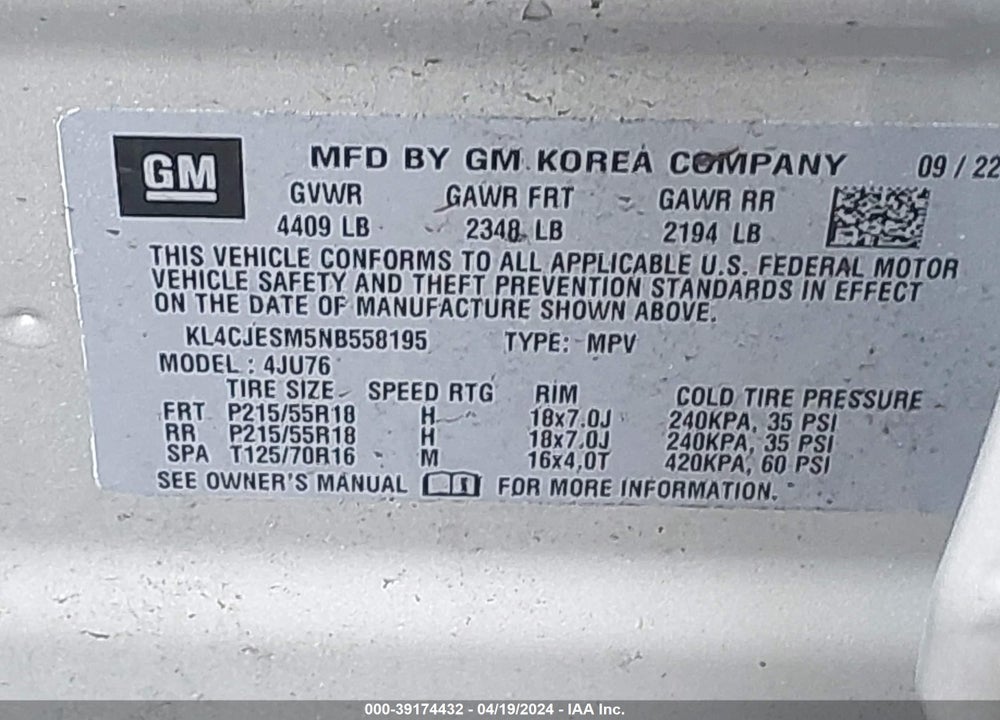 2022 BUICK ENCORE AWD PREFERRED VIN: KL4CJESM5NB558195