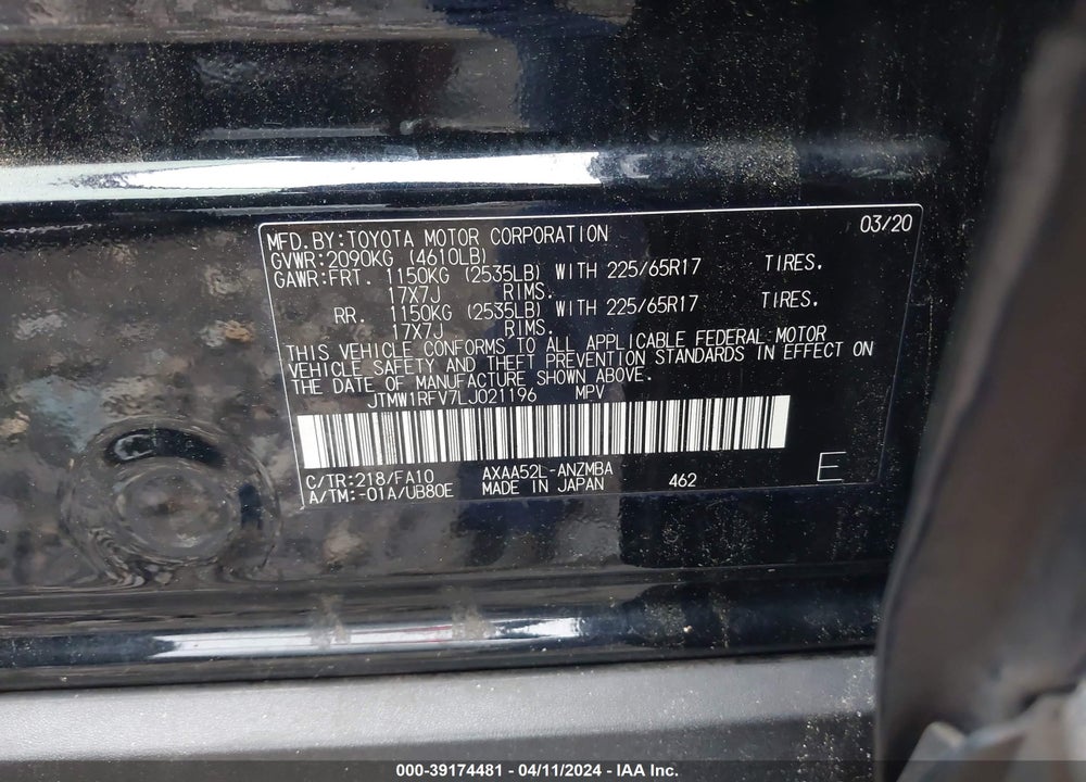 2020 TOYOTA RAV4 XLE VIN: JTMW1RFV7LJ021196
