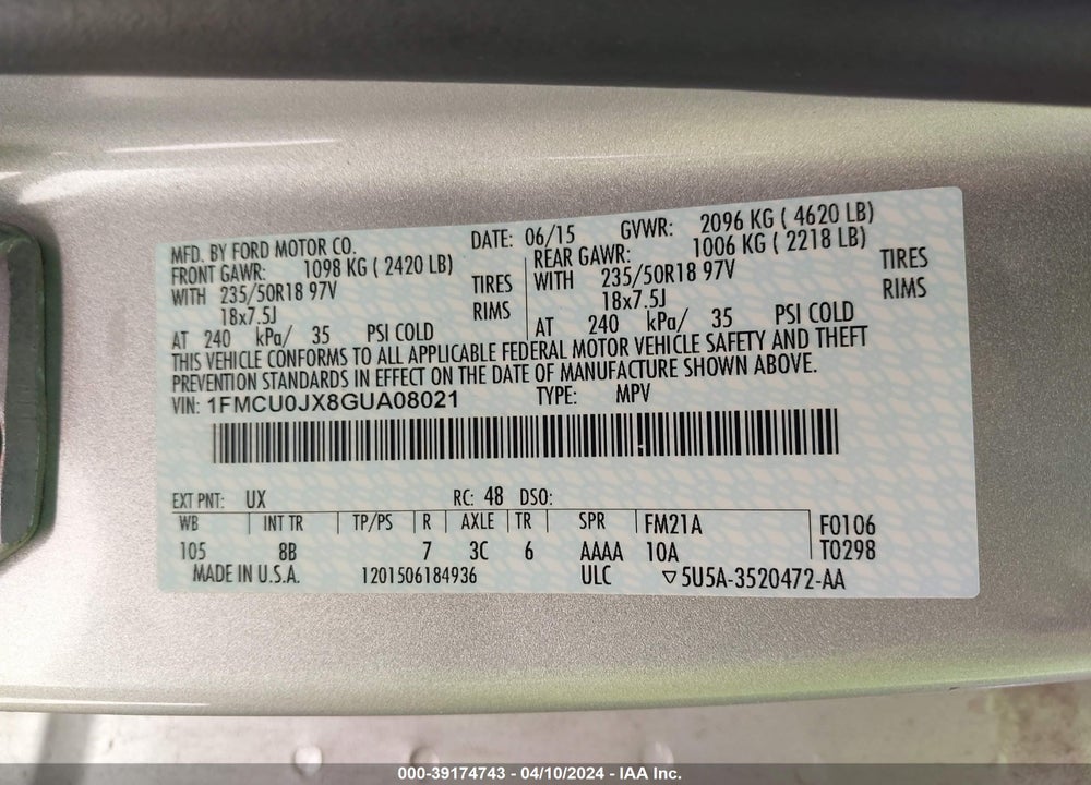 2016 FORD ESCAPE TITANIUM VIN: 1FMCU0JX8GUA08021