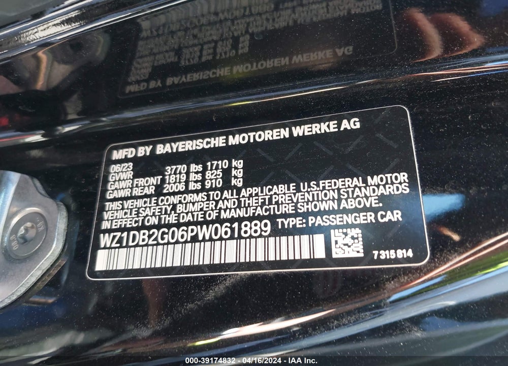 2023 TOYOTA GR SUPRA 2.0 VIN: WZ1DB2G06PW061889
