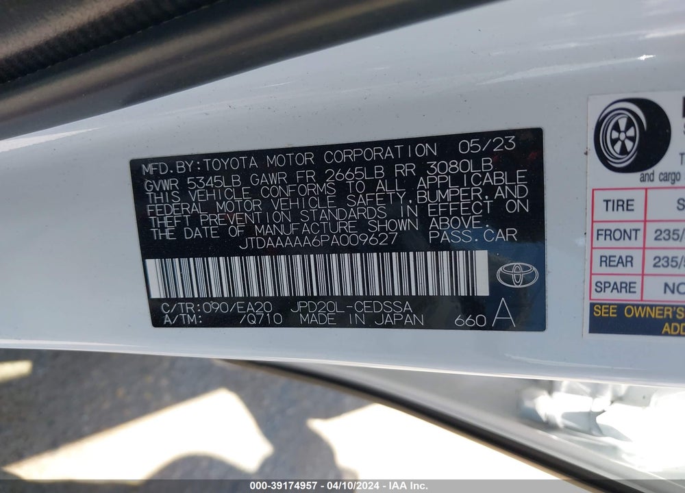 2023 TOYOTA MIRAI XLE VIN: JTDAAAAA6PA009627