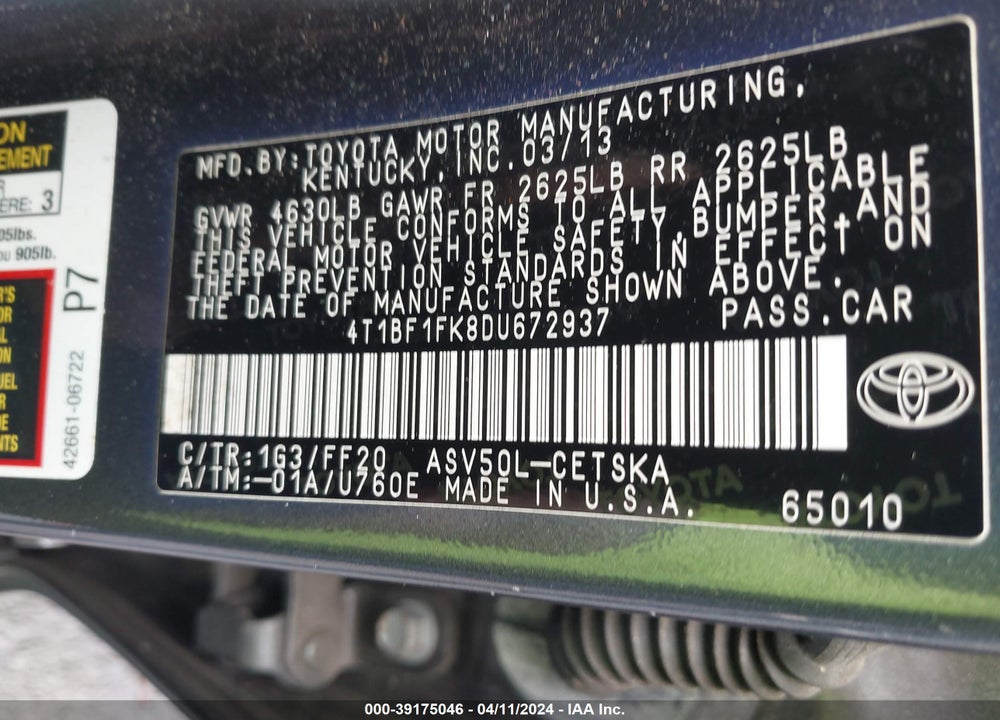2013 TOYOTA CAMRY SE VIN: 4T1BF1FK8DU672937