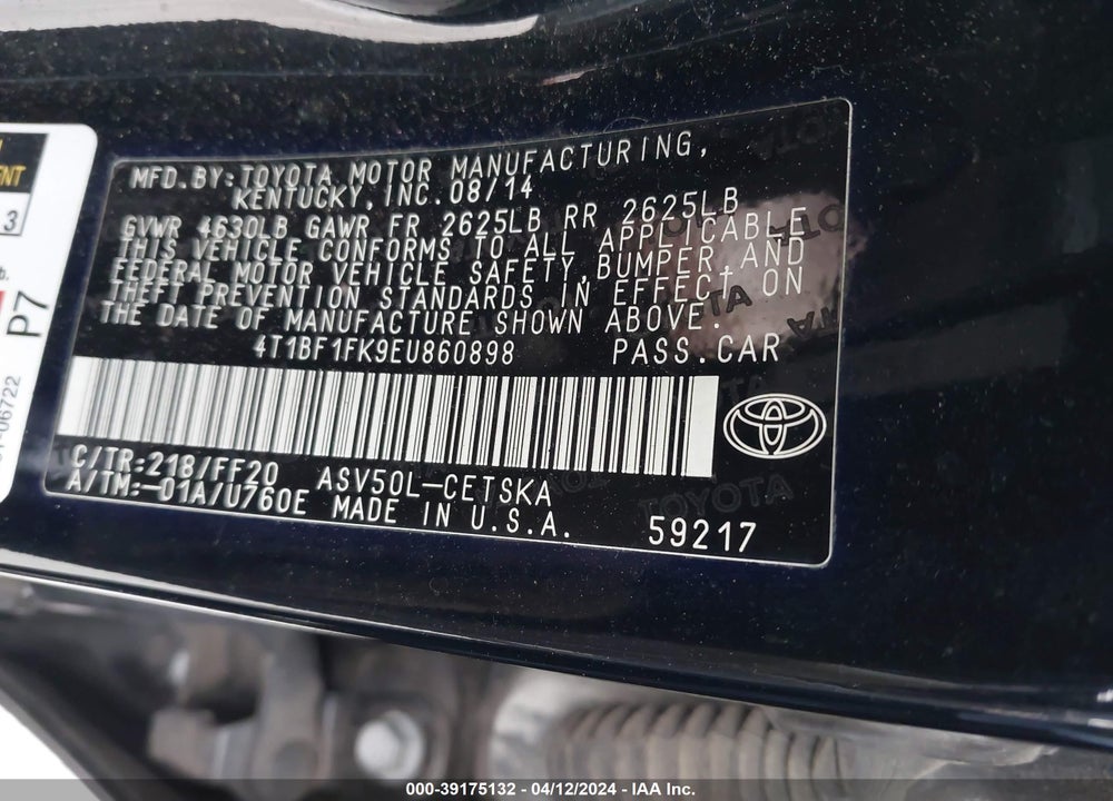 2014 TOYOTA CAMRY SE VIN: 4T1BF1FK9EU860898