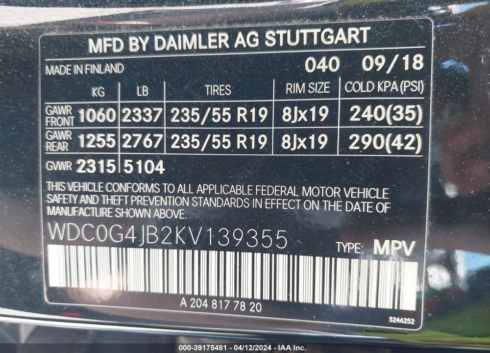 2019 MERCEDES-BENZ GLC 300 VIN: WDC0G4JB2KV139355