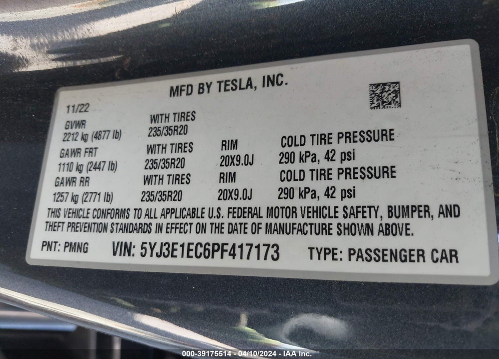 2023 TESLA MODEL 3 PERFORMANCE DUAL MOTOR ALL-WHEEL DRIVE VIN: 5YJ3E1EC6PF417173