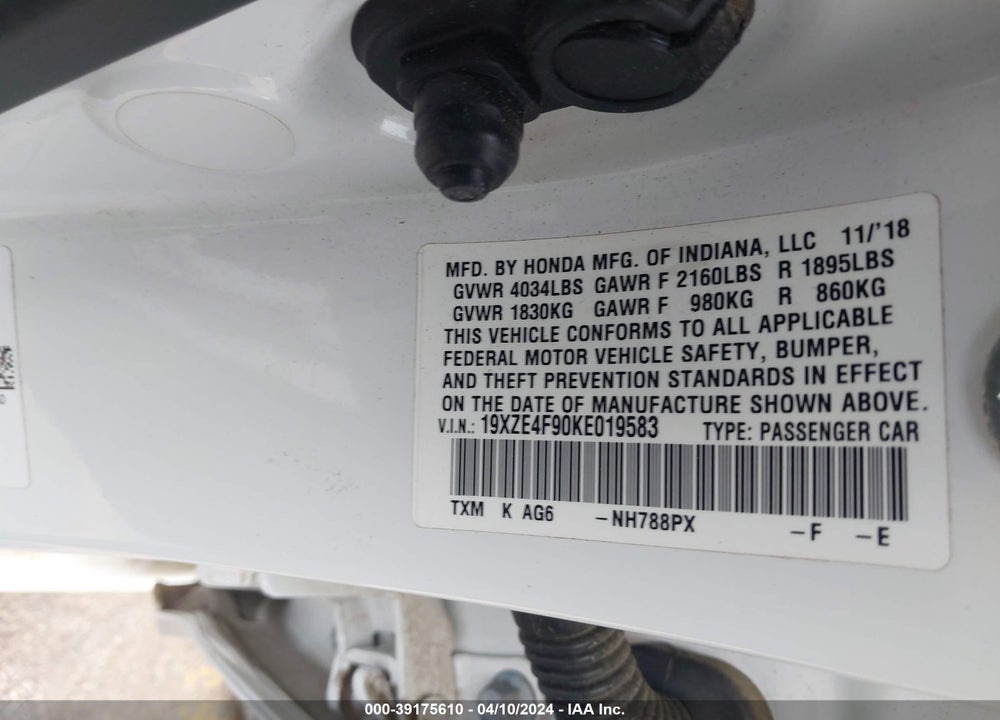 2019 HONDA INSIGHT TOURING VIN: 19XZE4F90KE019583