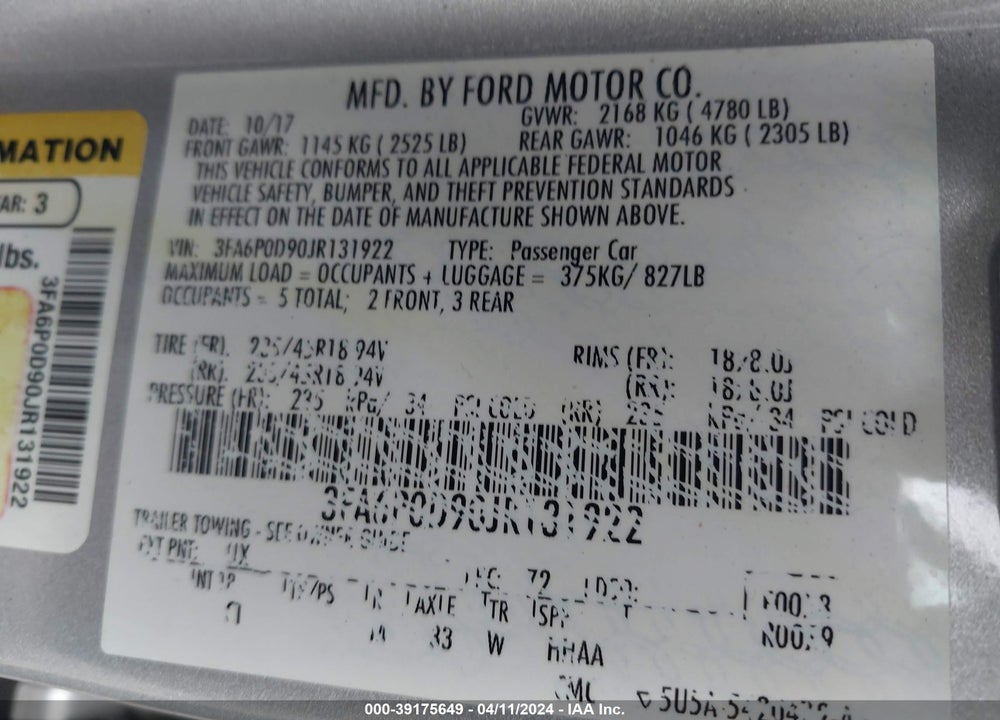 2018 FORD FUSION TITANIUM VIN: 3FA6P0D90JR131922