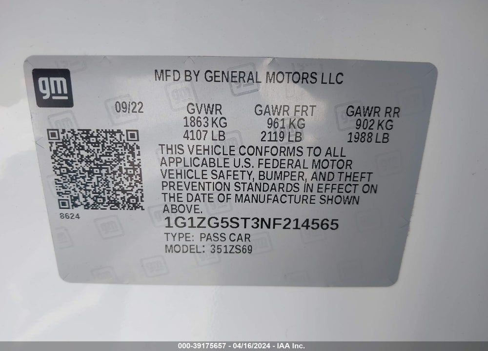 2022 CHEVROLET MALIBU FWD RS VIN: 1G1ZG5ST3NF214565