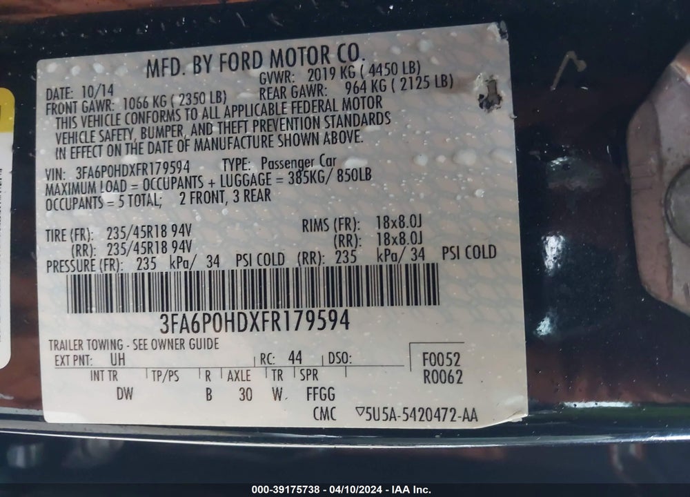 2015 FORD FUSION VIN: 3FA6P0HDXFR179594