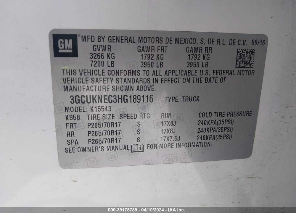 2017 CHEVROLET SILVERADO 1500 VIN: 3GCUKNEC3HG189116