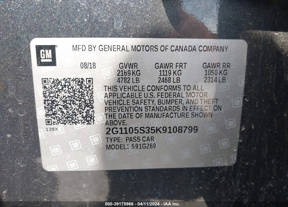 2019 CHEVROLET IMPALA PREMIER VIN: 2G1105S35K9108799