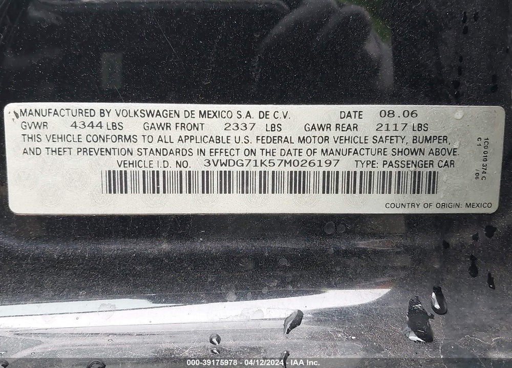 2007 VOLKSWAGEN JETTA 2.5 VIN: 3VWDG71K57M026197