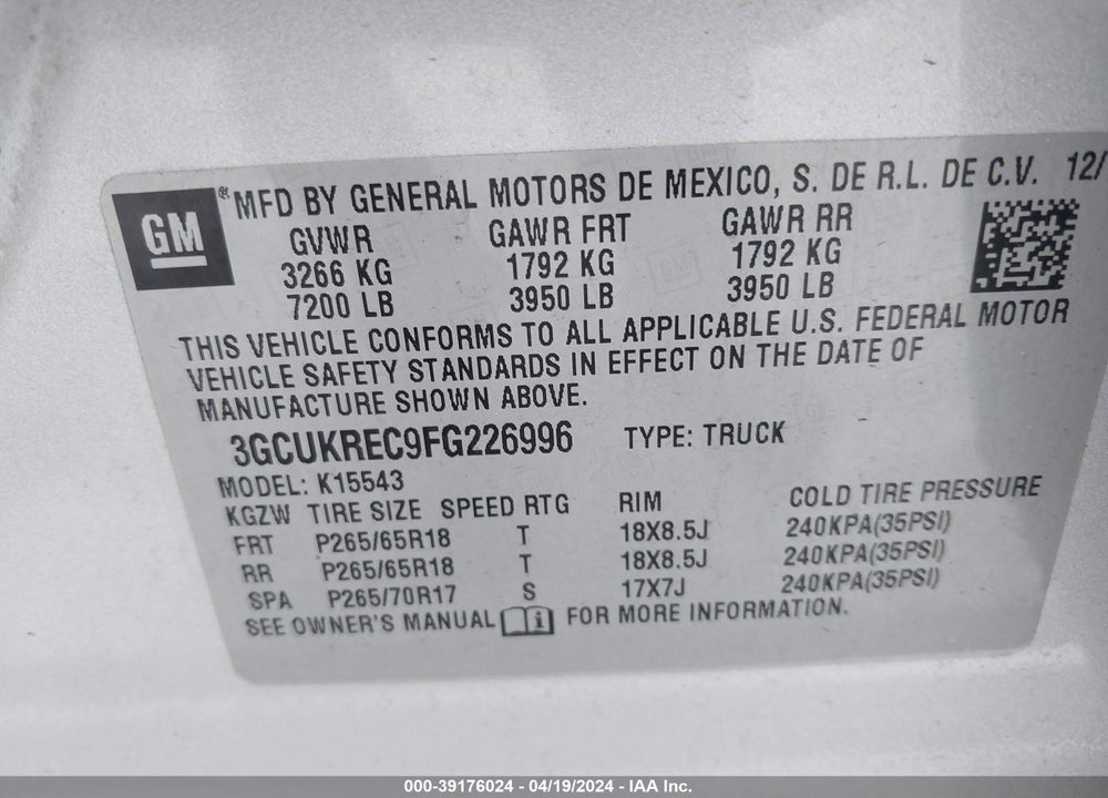 2015 CHEVROLET SILVERADO 1500 2LT VIN: 3GCUKREC9FG226996