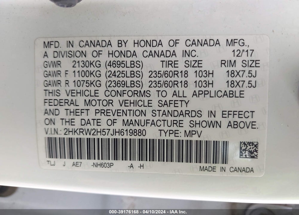 2018 HONDA CR-V EX VIN: 2HKRW2H57JH619880
