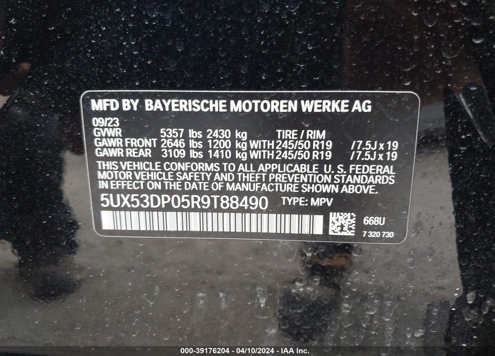 2024 BMW X3 XDRIVE30I VIN: 5UX53DP05R9T88490