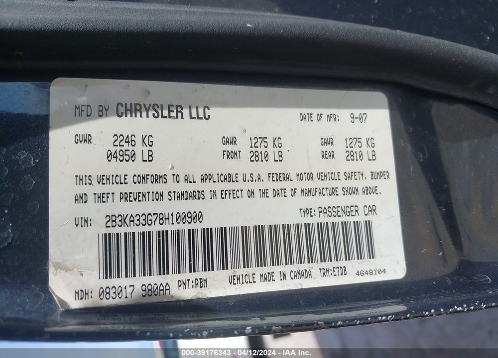 2008 DODGE CHARGER SXT VIN: 2B3KA33G78H100900