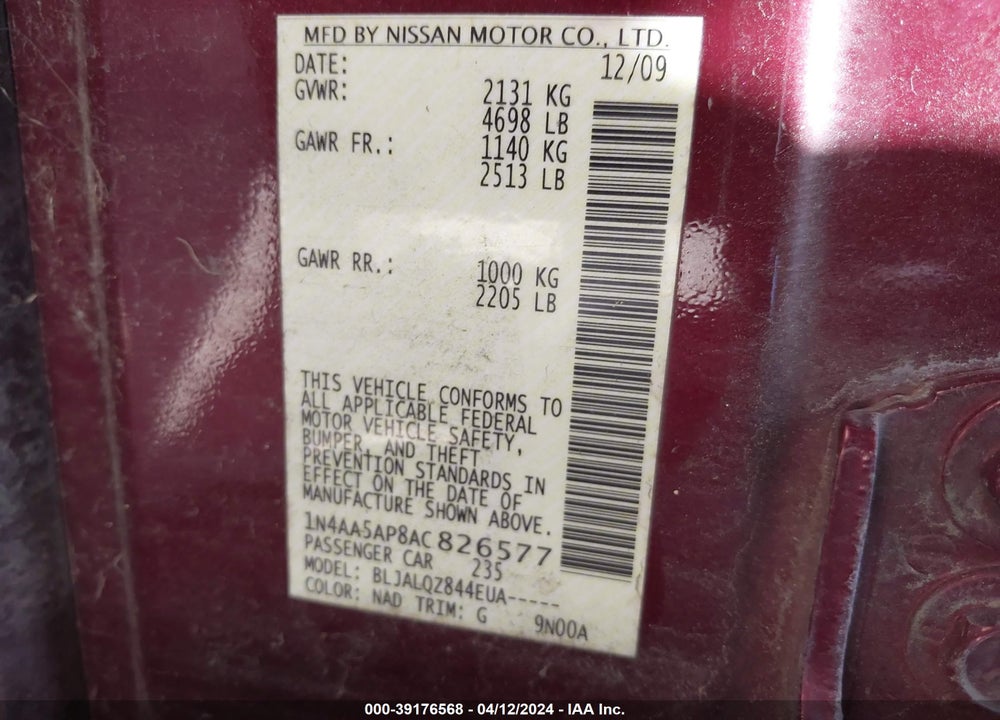 2010 NISSAN MAXIMA 3.5 S VIN: 1N4AA5AP8AC826577