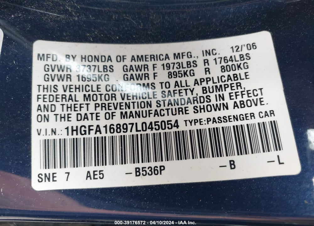 2007 HONDA CIVIC EX VIN: 1HGFA16897L045054