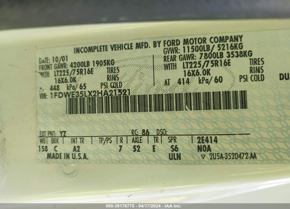 2002 FORD E-350 CUTAWAY STANDARD VIN: 1FDWE35LX2HA21521