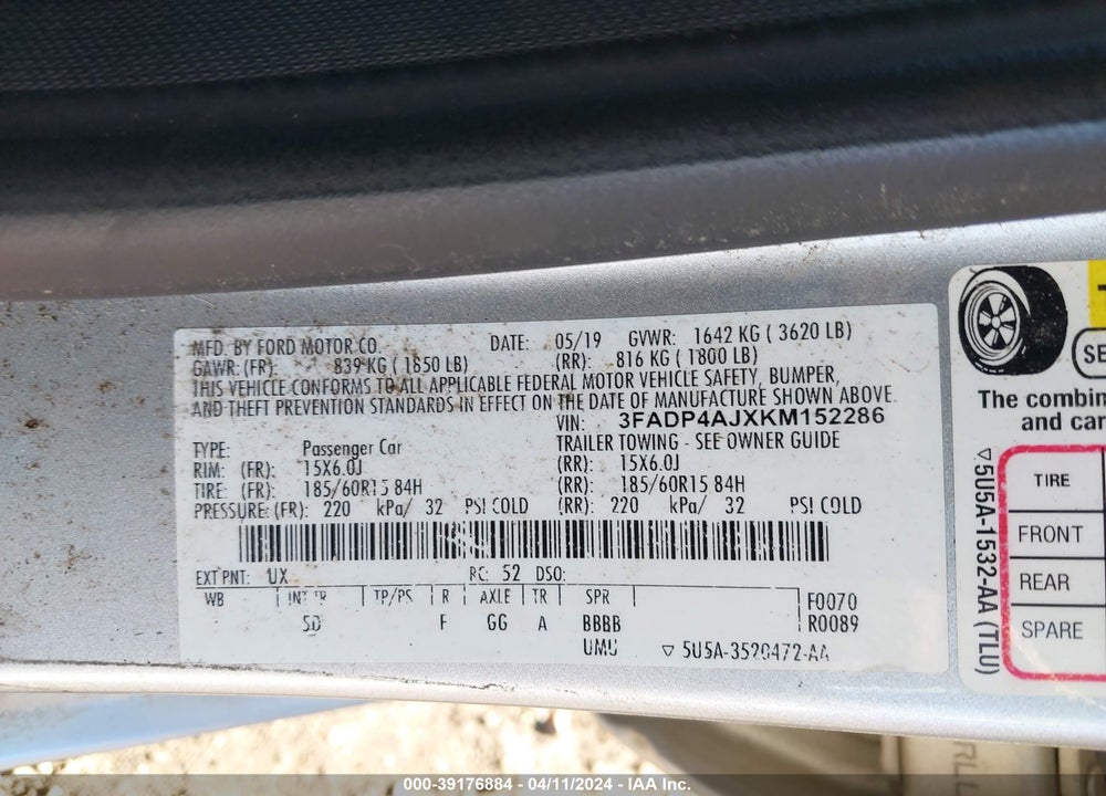 2019 FORD FIESTA S VIN: 3FADP4AJXKM152286