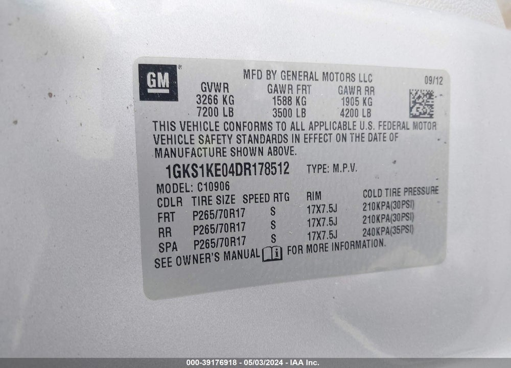 2013 GMC YUKON XL 1500 SLT VIN: 1GKS1KE04DR178512