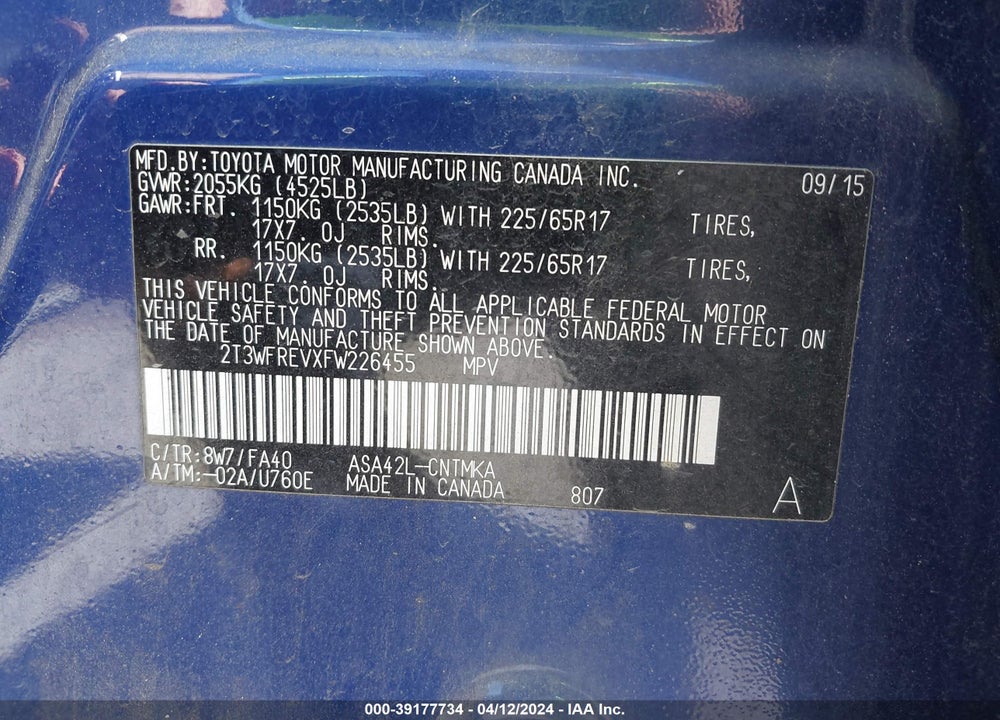 2015 TOYOTA RAV4 XLE VIN: 2T3WFREVXFW226455