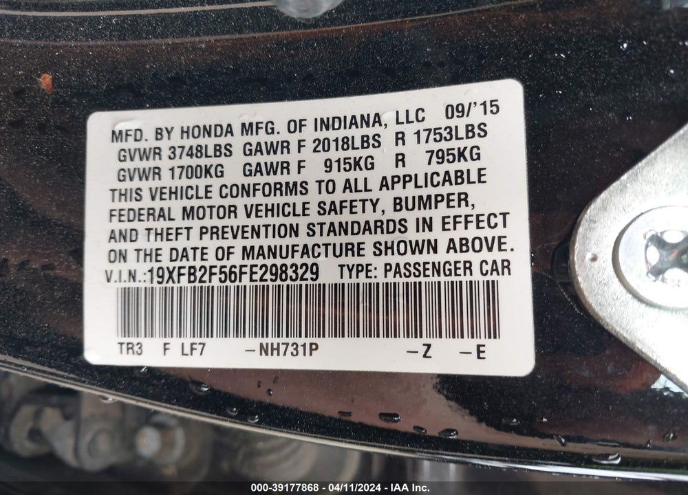 2015 HONDA CIVIC LX VIN: 19XFB2F56FE298329