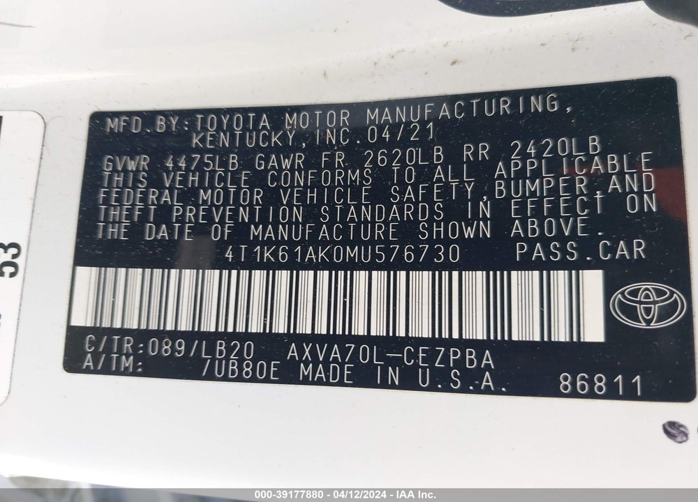 2021 TOYOTA CAMRY XSE VIN: 4T1K61AK0MU576730